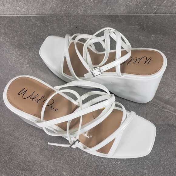 Wild Pair Merina Strappy Sandals Platform Wedge White Patent 10 M Chunky Shoes - Picture 2 of 14